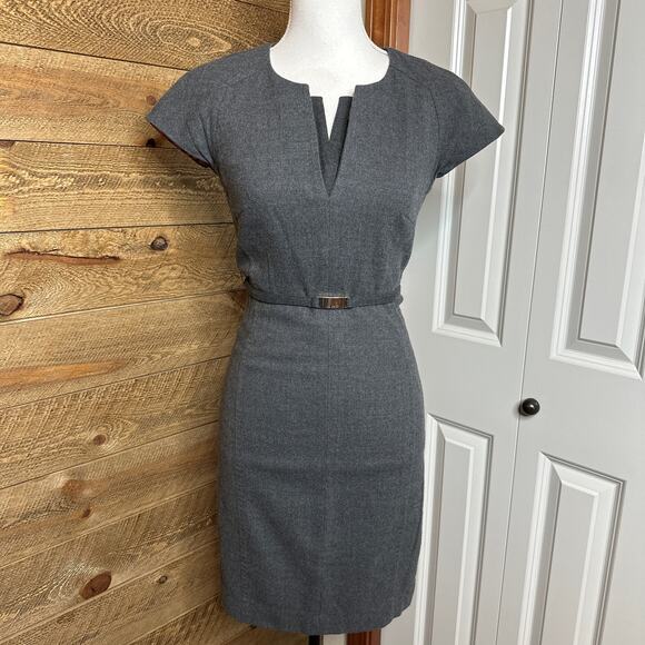 Ted Baker Wool Midi Sheath Dress Gray V-Neck Short Sleeve Size 0 - Picture 2 of 8